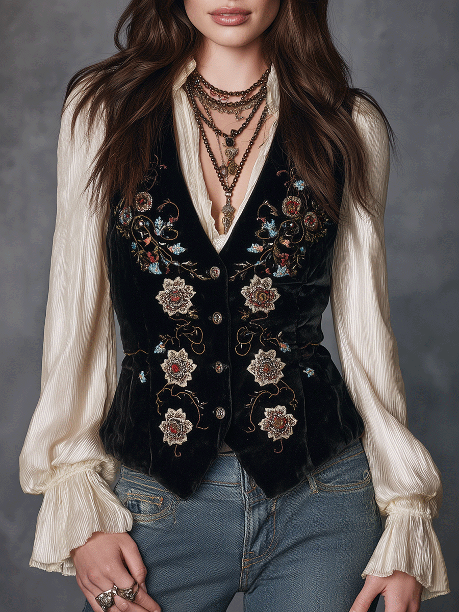 Bohemian Rose Embroidery Fitted Velvet Waistcoat - Fashionpara