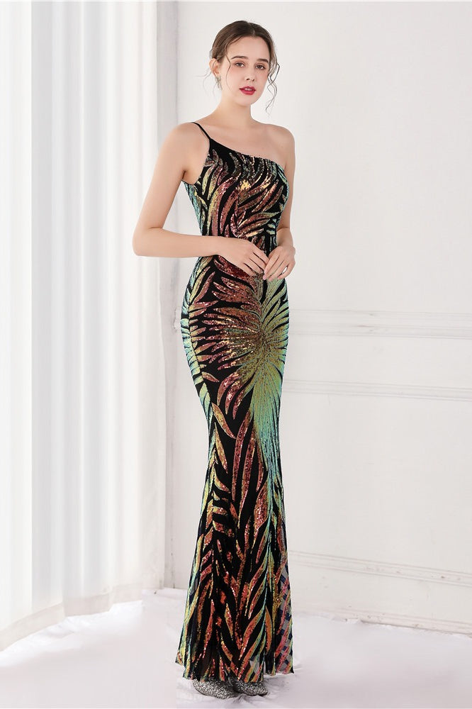 Sequin One Shoulder Mermaid Evening Gown - View 6