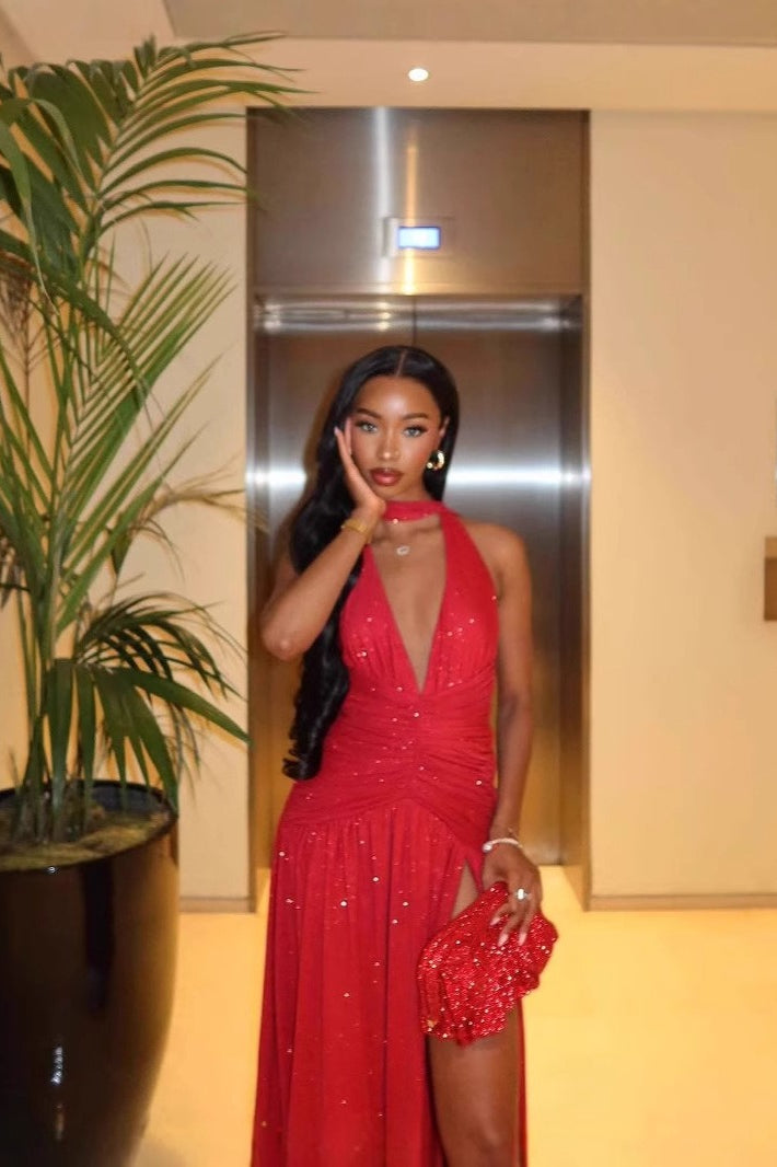 Sleeveless Backless Deep V Sequin Slit Sexy Formal Dress