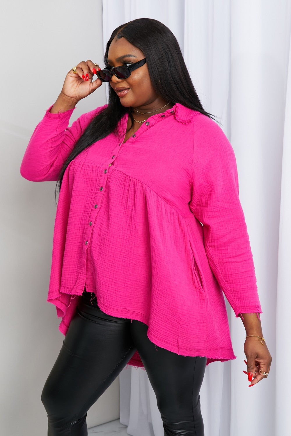Zenana Bright and Airy Raw Edge Peplum Shirt with Pockets in Hot Pink - Fashionpara