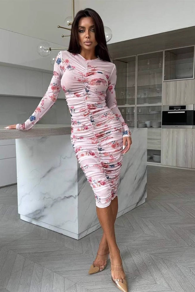 Floral Print High Neck Long Sleeve Ruched Midi Dress