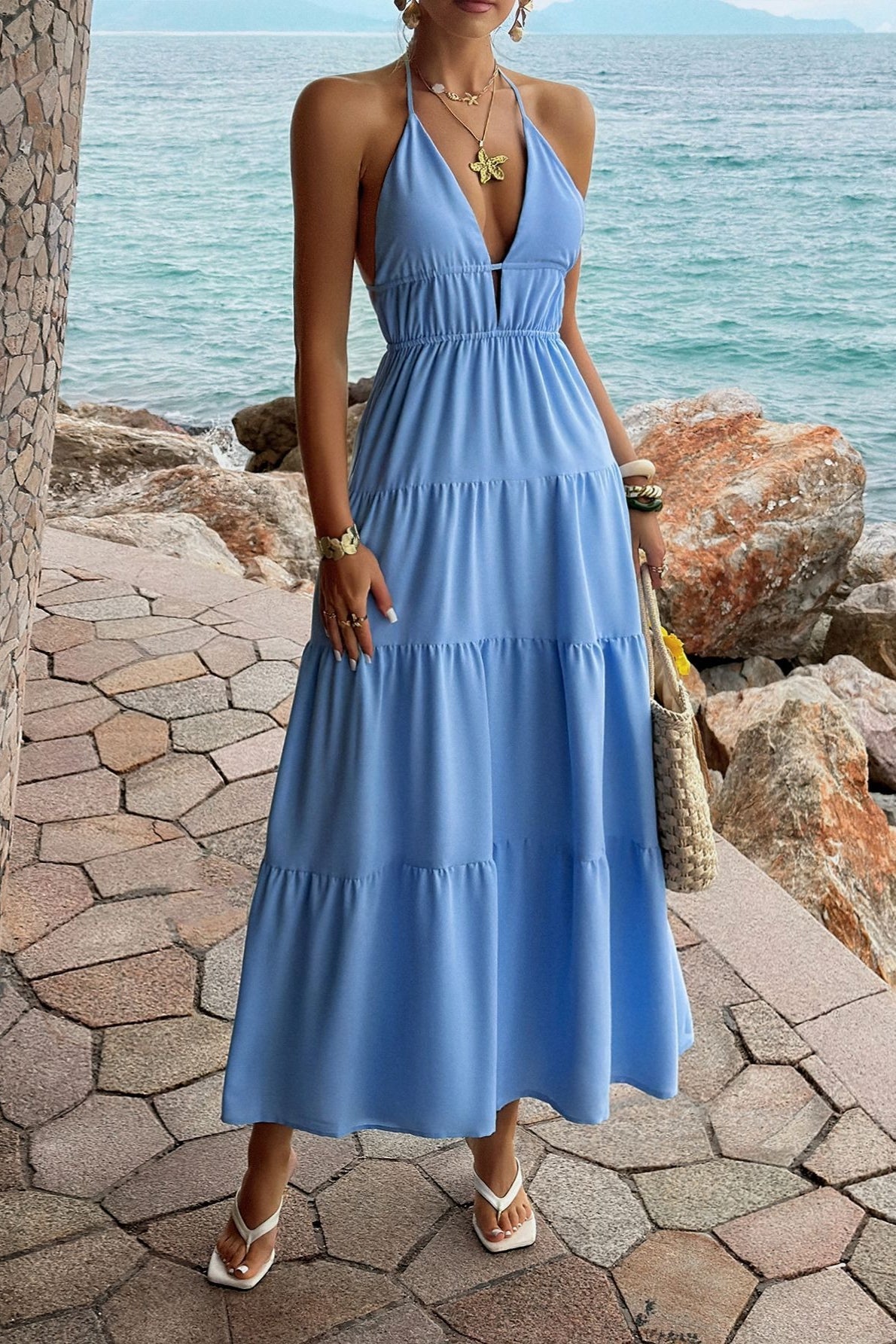 Halter Deep V-Neck Backless Tiered Maxi Dress 10