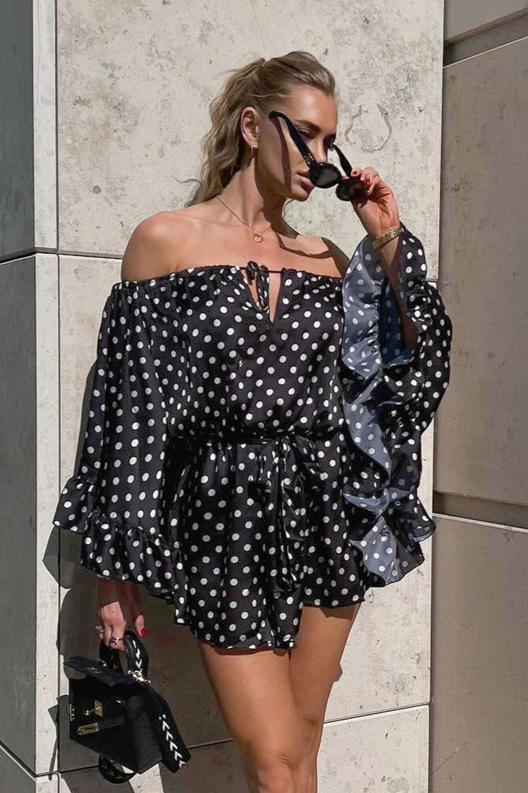 Polka Dot Off-Shoulder Ruffle Mini Dress - Fashionpara