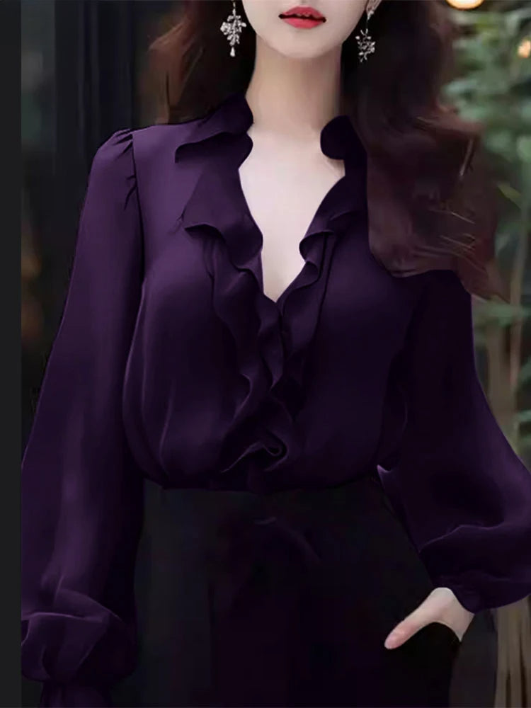 Solid Color Ruffled V-neck Lantern Sleeve Blouse