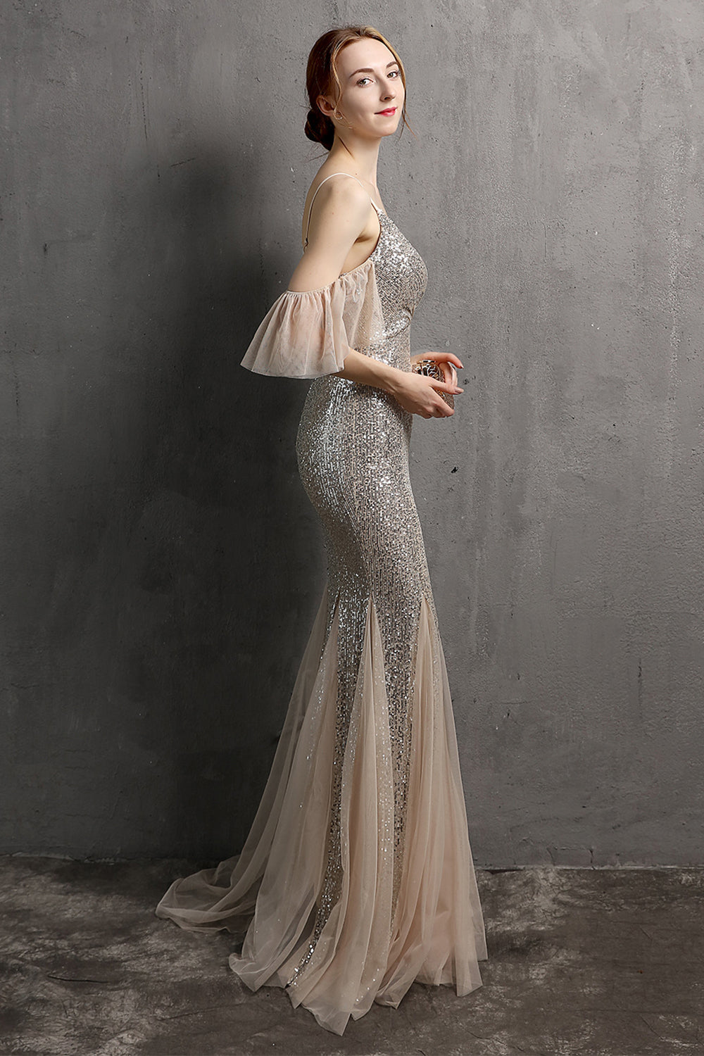 Champagne Sequin Long Prom Dress with Ruffles - Fashionpara