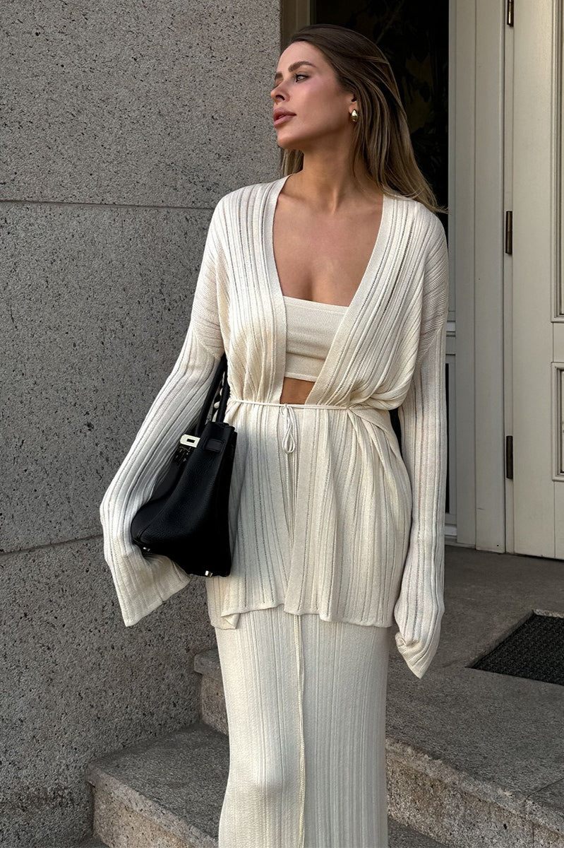 Vintage Ribbed Knit Cardigan and Cami Dress Set for Elegance