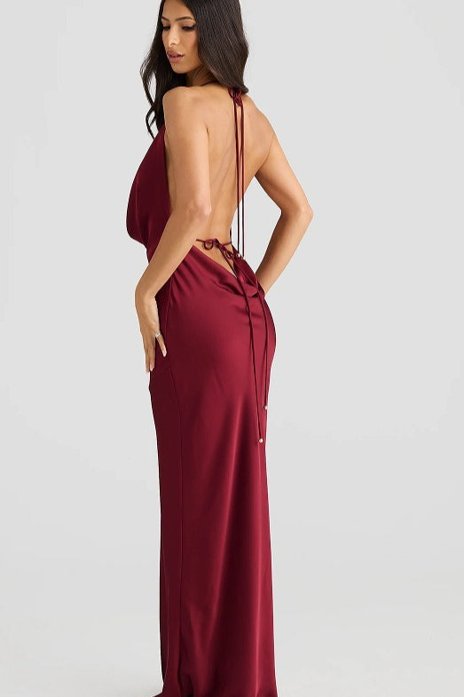 Sexy Sleeveless Halter Draped Neck Solid Satin Slim Formal Dress