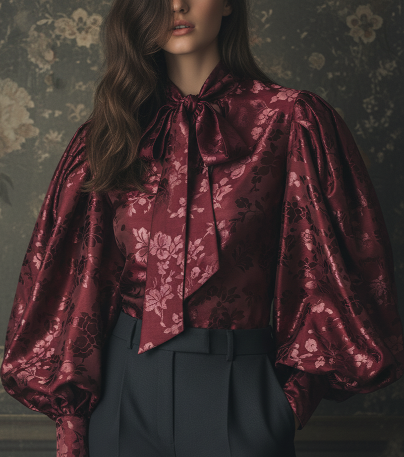 The Crimson Damask Puff-Sleeve Blouse - Fashionpara