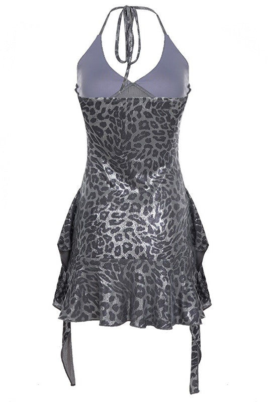 Leopard Print Halter Neck Ruched Ruffle Mini Dress