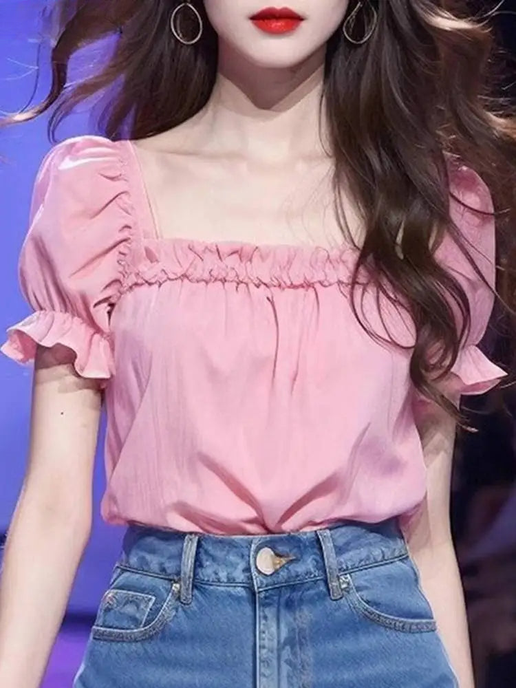 Solid Color Ruffled Square Neck Short Sleeve Blouse