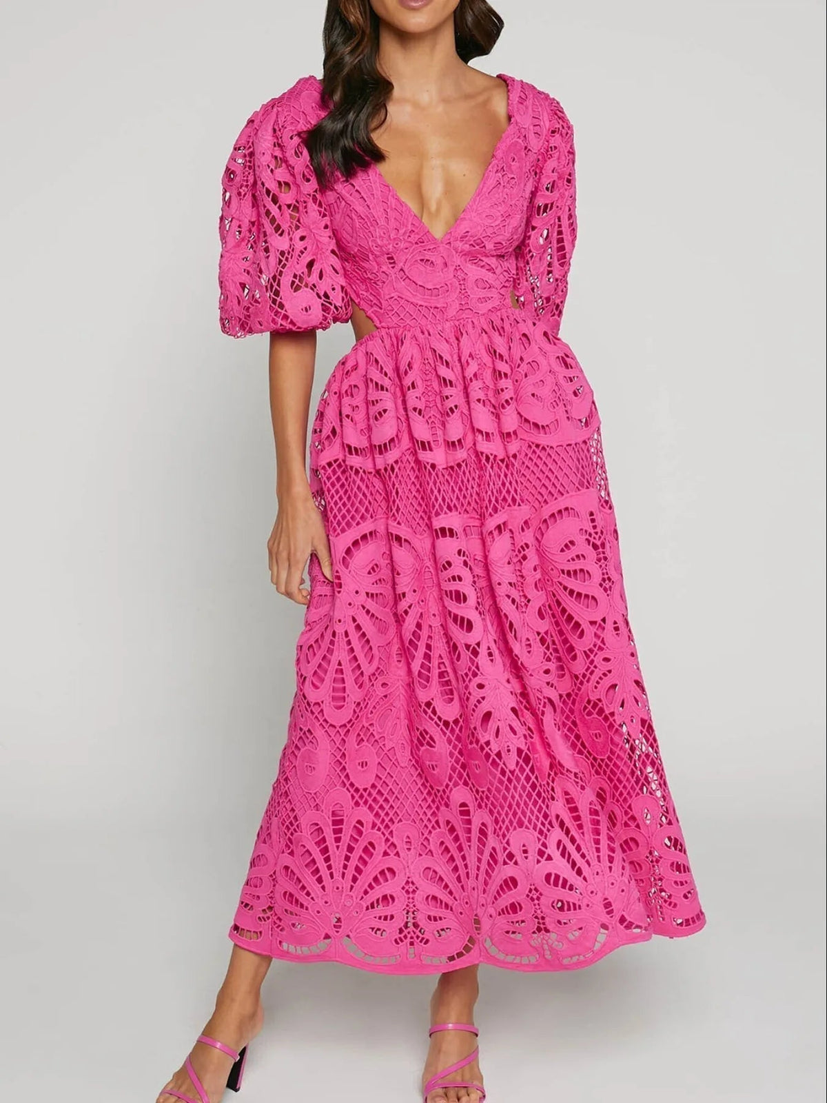 Lace Deep V-Neck Puff Sleeve Cut Out Waist A-Line Midi Dress - View 2