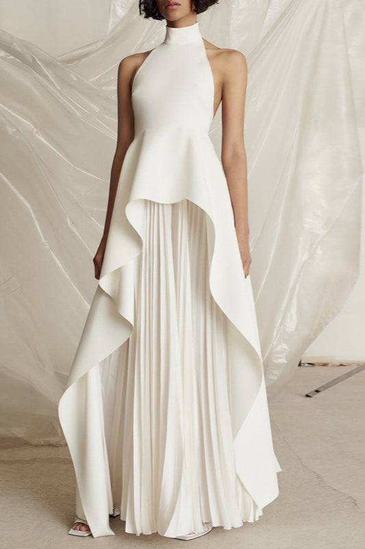 Halter Neck Asymmetric Overlay Pleated Maxi Gown 3