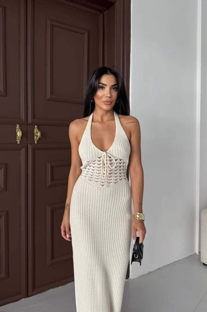 Crochet Knit Halter Neck Cut-Out Maxi Dress
