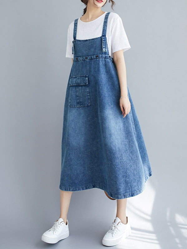 Denim Bib Strap Cargo Pocket Loose Fit Midi Overall Dress