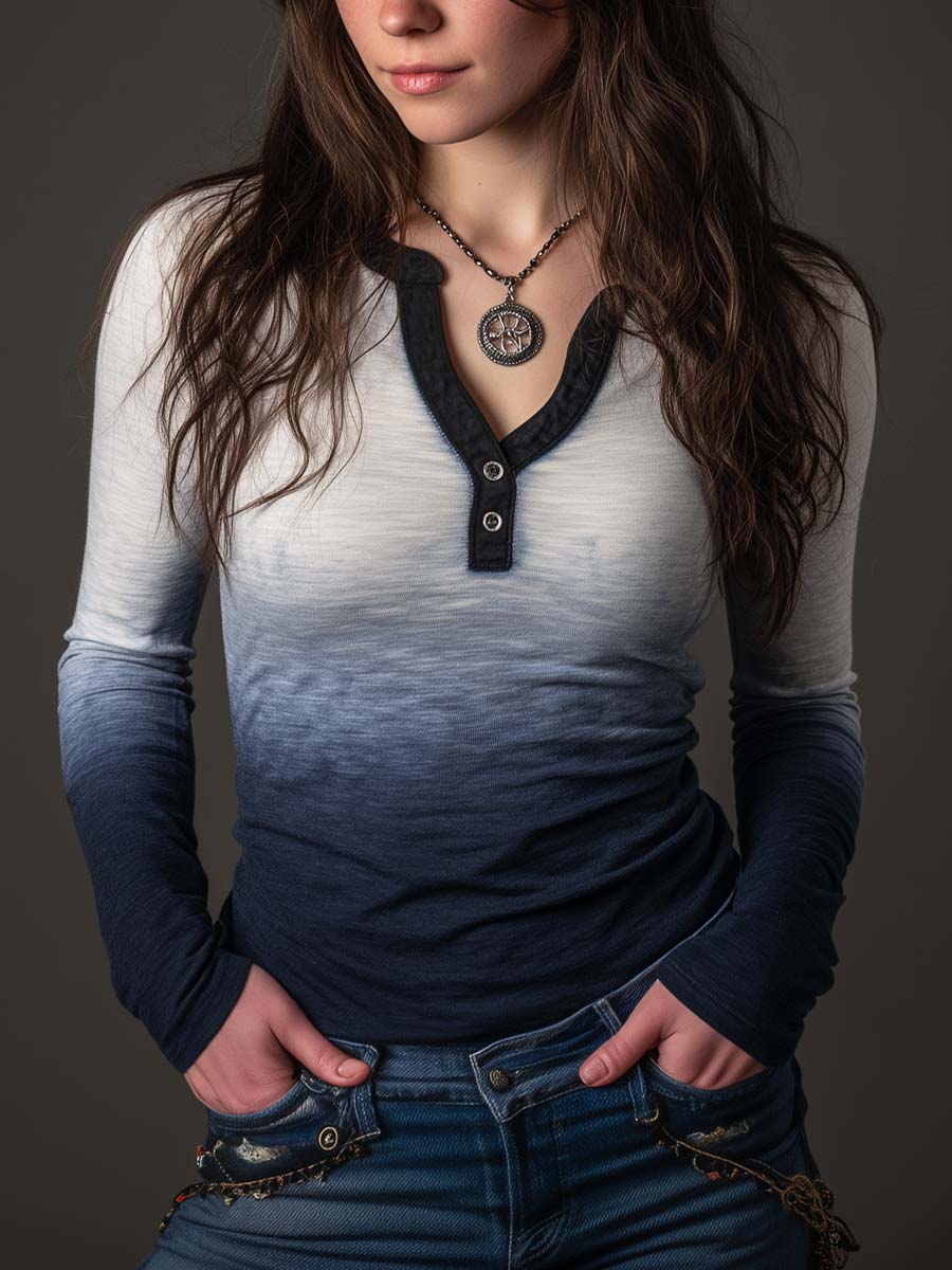 Western Indigo Gradient Henley Shirt - Fashionpara