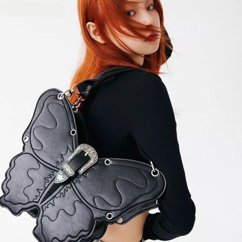 Y2K Punk Butterfly Pu Leather Gothic Versatile Large Capacity Trend Bag Black Halloween