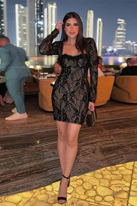Lace Square Neck Long Sleeve Bodycon Mini Dress - View 5