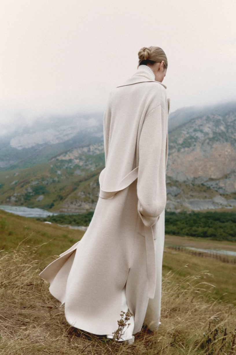 Knitted Blend Notched Lapel Tied Waist Long Overcoat - Fashionpara