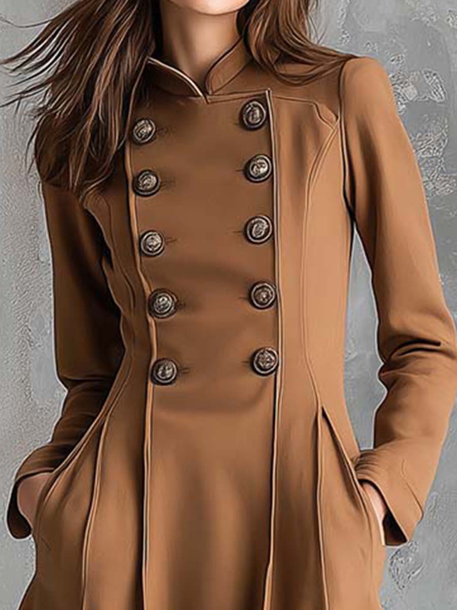 Vintage Camel Double-Breasted Midi Coat Dress - Fashionpara