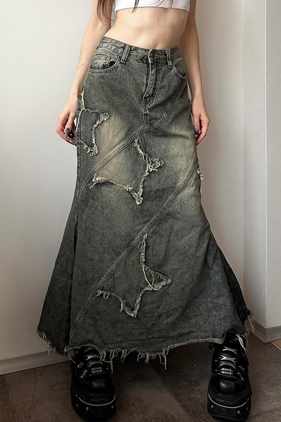 Y2K Raw Hem High Waist Denim Skirt