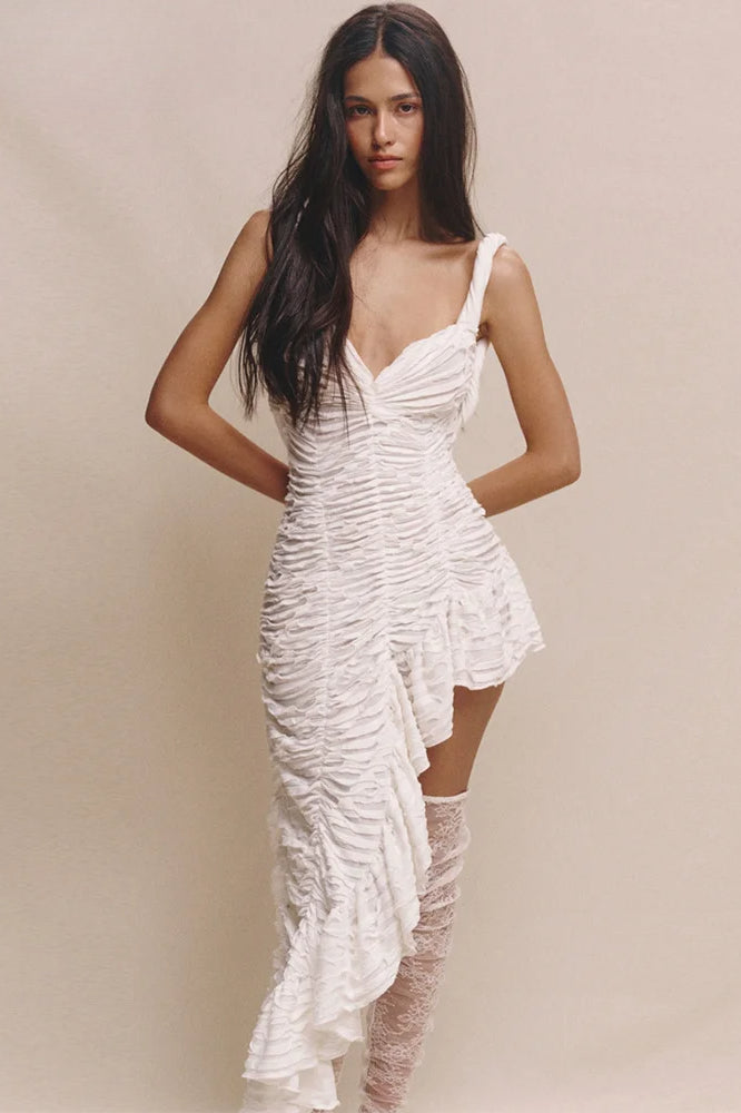 Textured Ruched Sweetheart Asymmetric Mini Dress