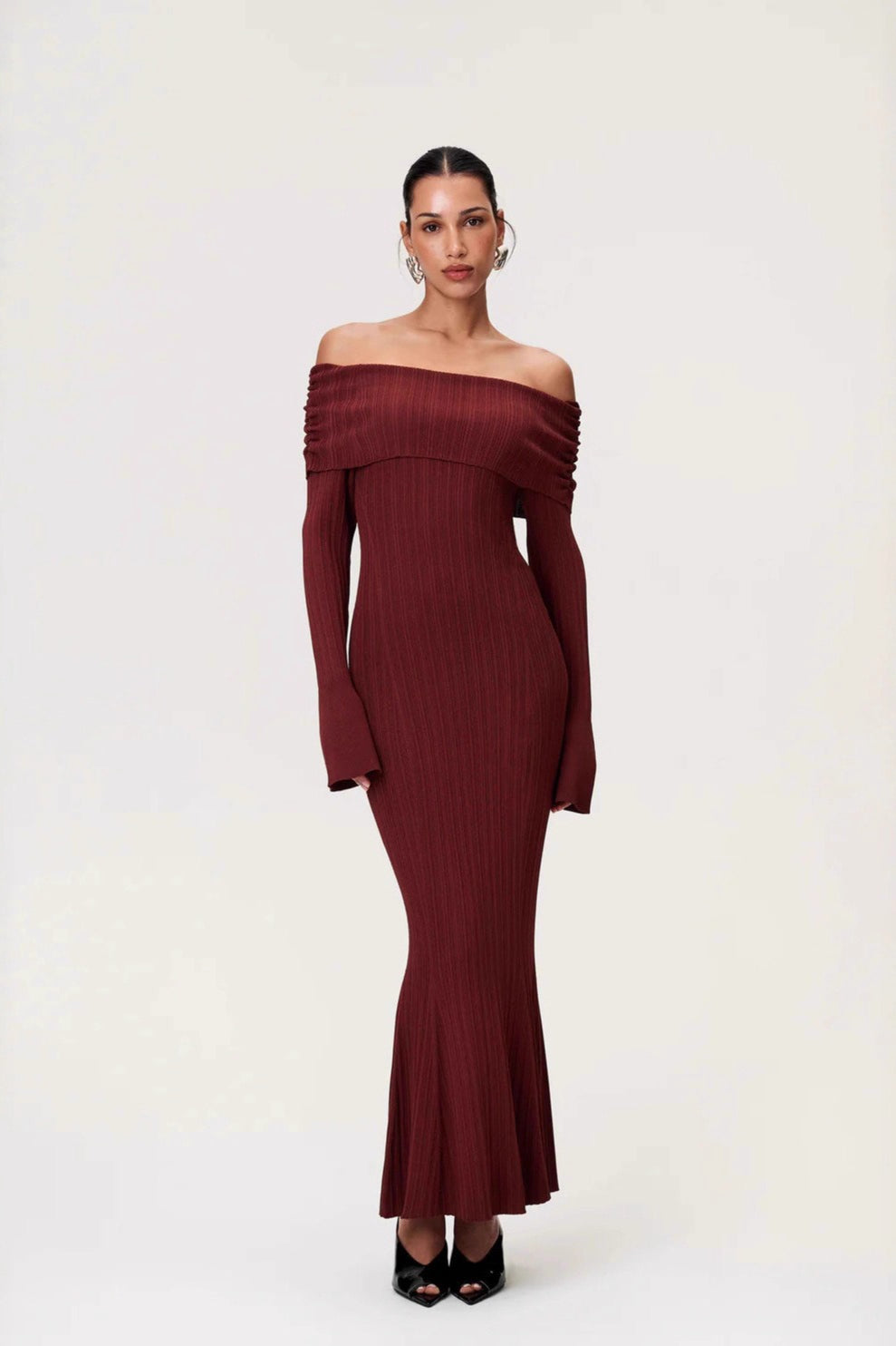 Ribbed Knit Off-Shoulder Long Sleeve Bodycon Maxi Dress