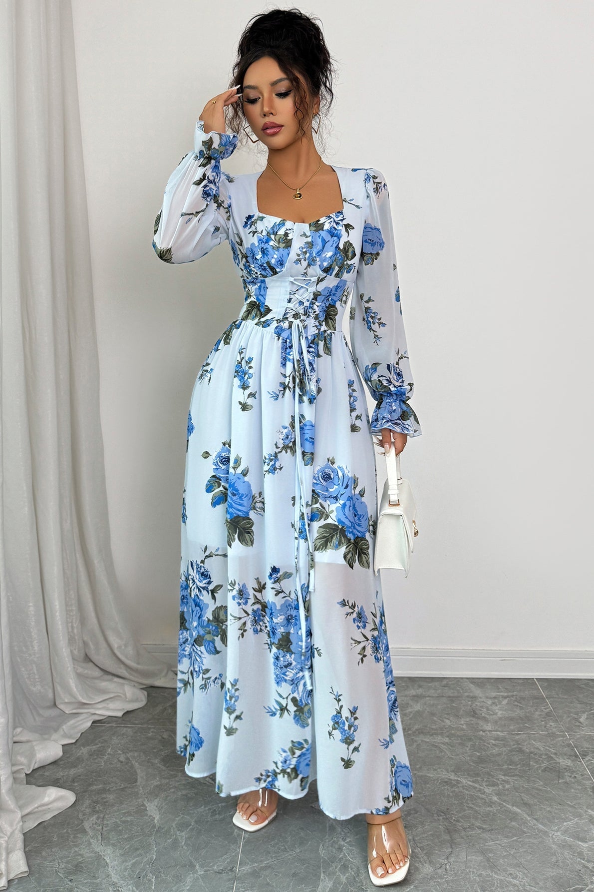 Floral Print Square Neck Puff Sleeve Corset Maxi Dress