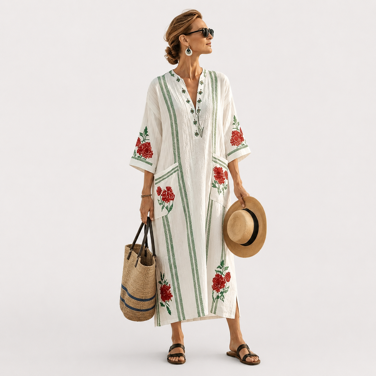 Embroidered Floral Stripe V-Neck Kaftan Maxi Dress