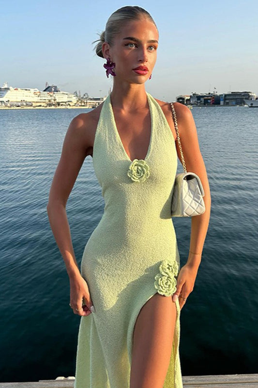 Crochet Knit Halter Neck Floral High Slit Maxi Dress 3