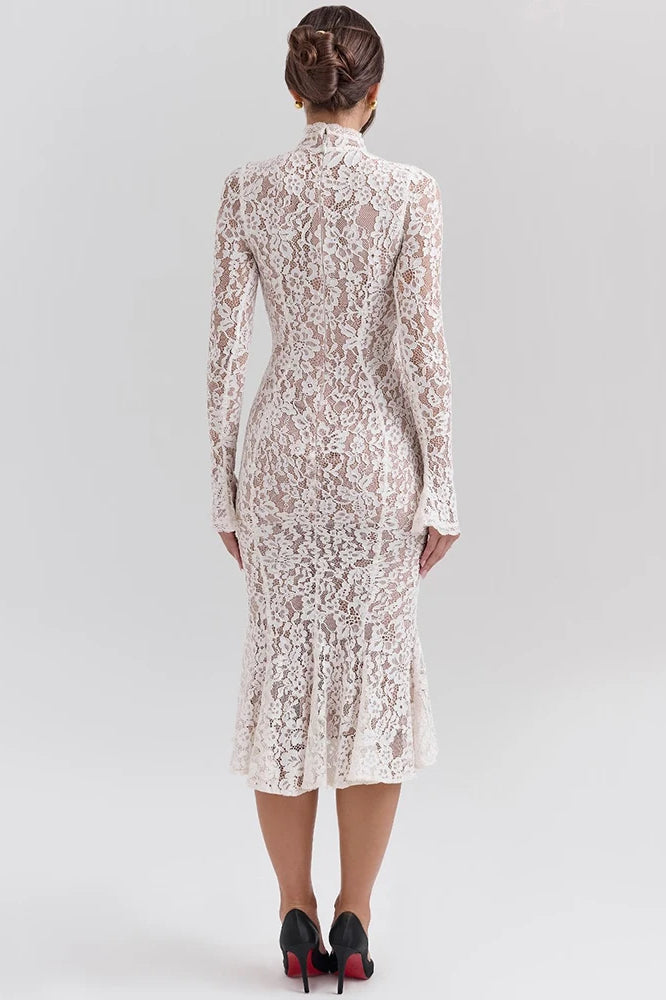 Floral Lace High Neck Long Sleeve Mermaid Midi Dress 6