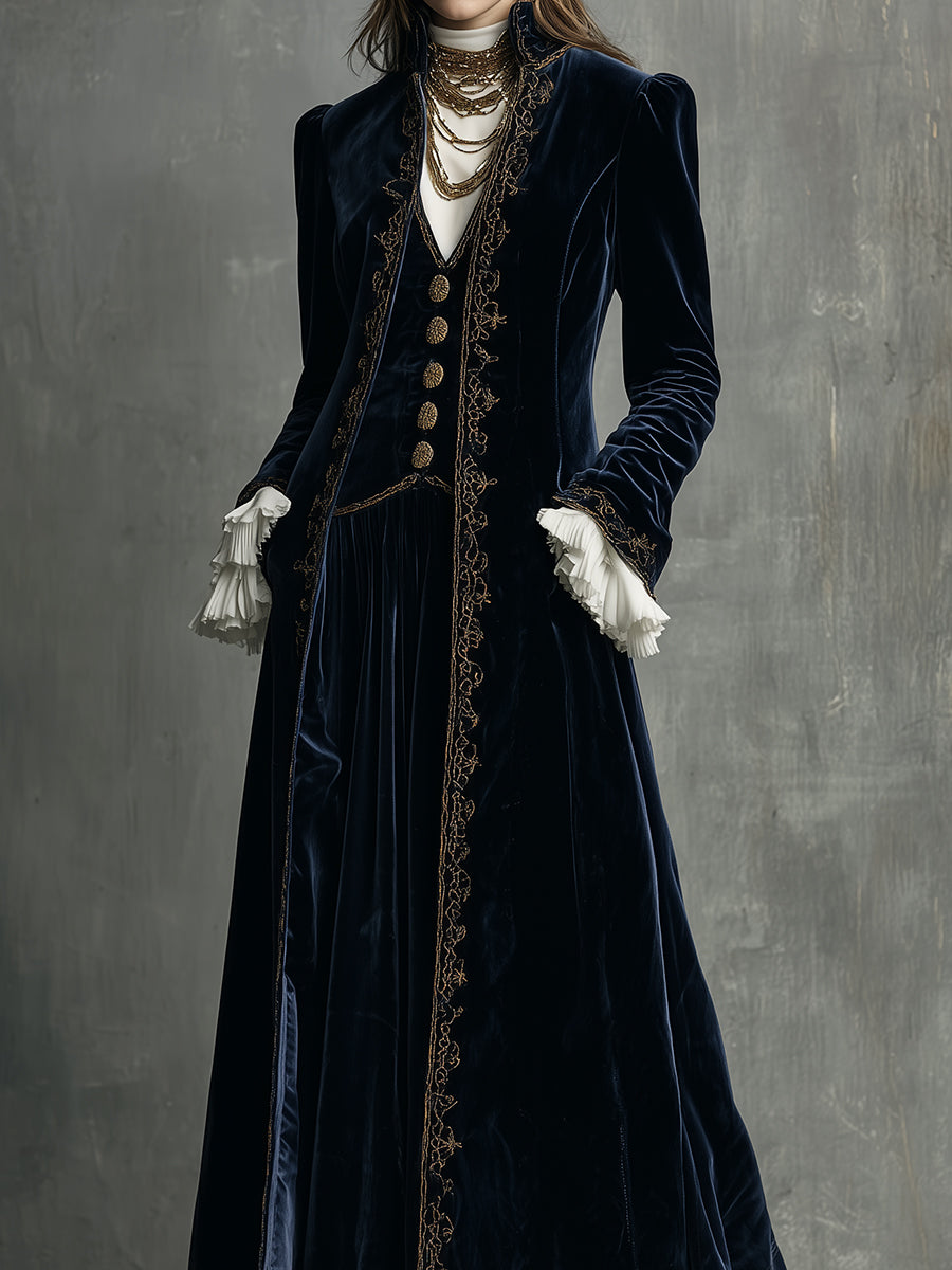 Retro Luxury Polyester Velvet Embroidered A-line Mid-length Coat - Fashionpara