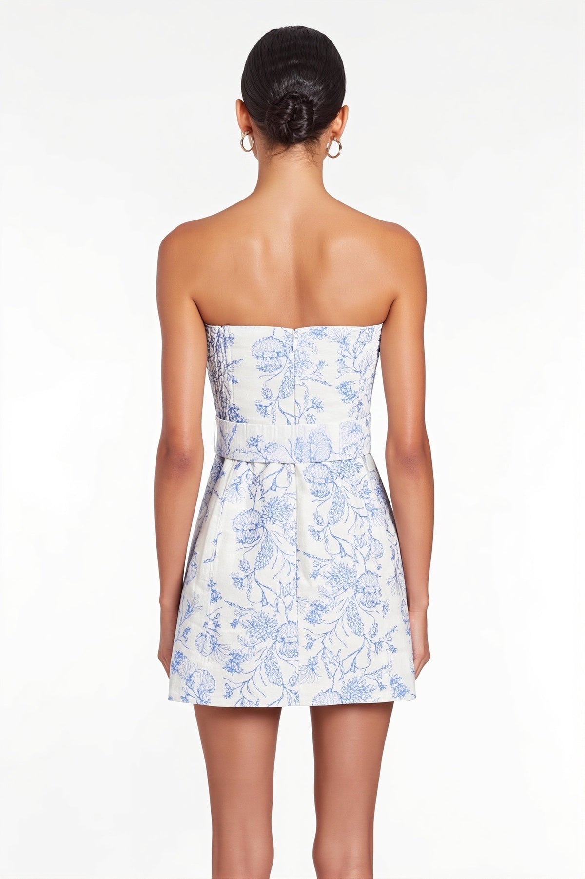 Floral Toile Print Strapless Belted Mini Dress