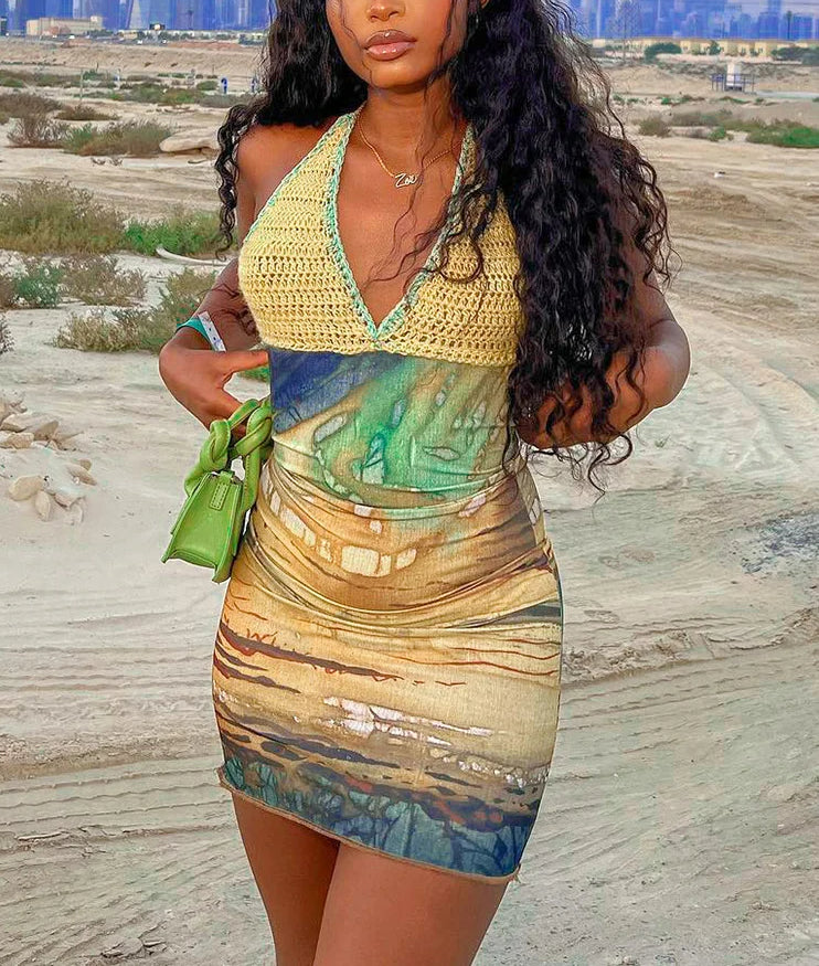 Tie-Dye Lace-Up Halter Mini Dress