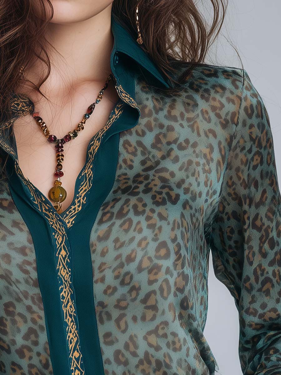 Boho Animal Print Vintage Green Chiffon Shirt - Fashionpara