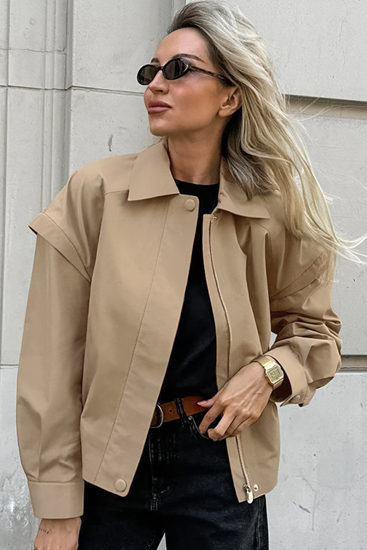 Khaki Biker Loose Fit Coat for Effortless Style and Comfort