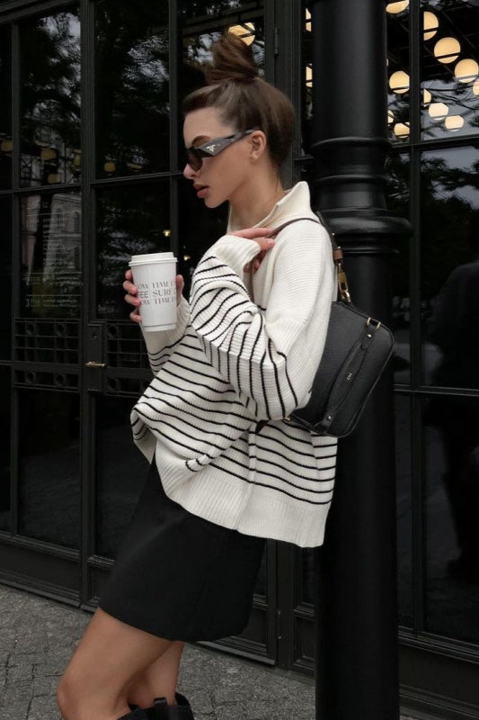 PrincessAce Striped Zip-Front Polo Knit Sweater for Style