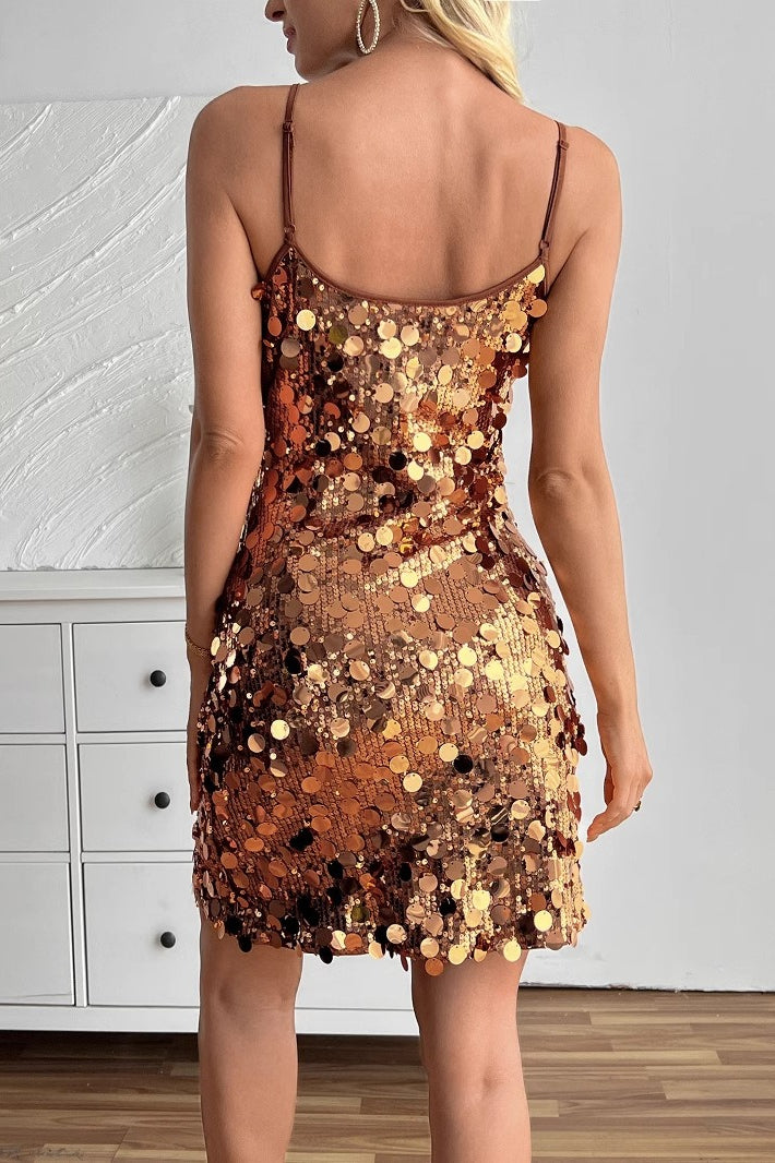 Large Sequin Deep V-Neck Spaghetti Strap Bodycon Mini Party Dress - View 3