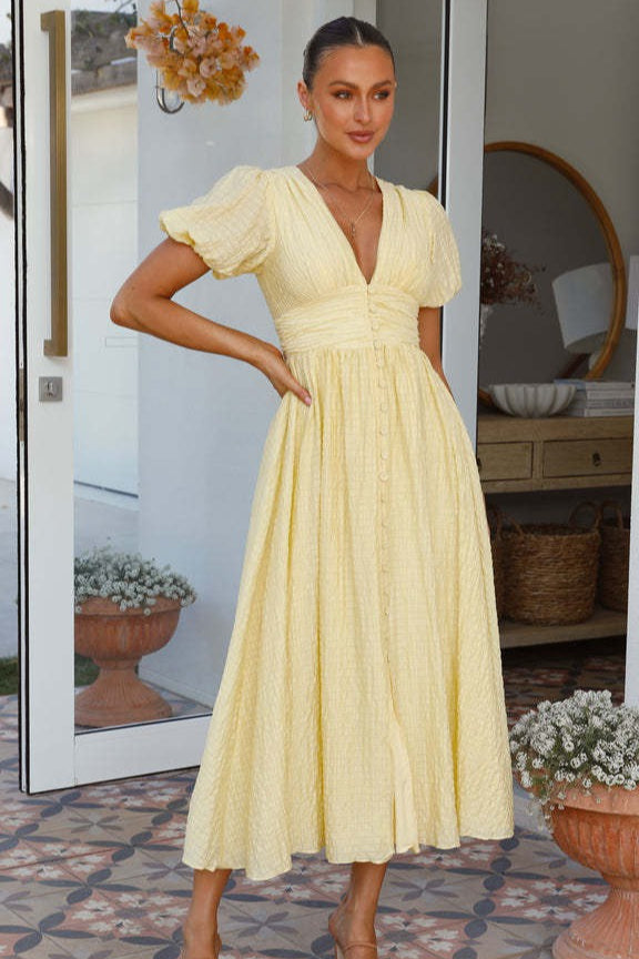 V-Neck Puff Sleeve Button-Front Ruched A-Line Maxi Dress 2