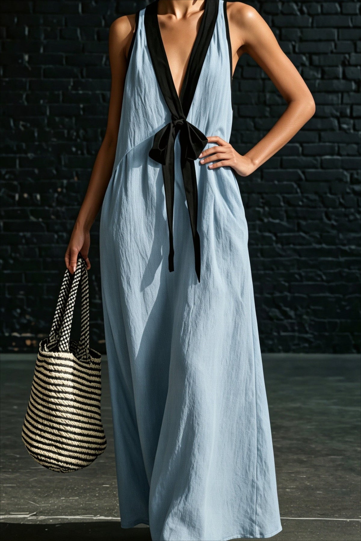 Linen Deep V-Neck Contrast Tie Flowy Maxi Dress