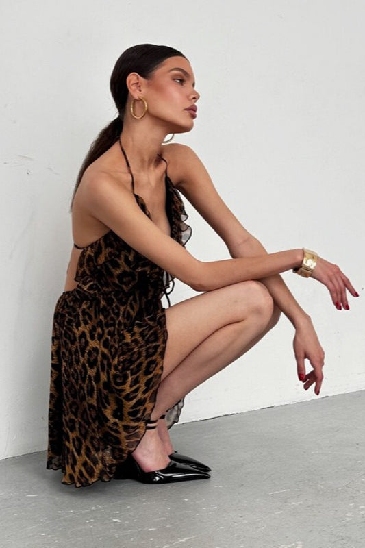 Leopard Print Deep V Halter Tie Slip Dress