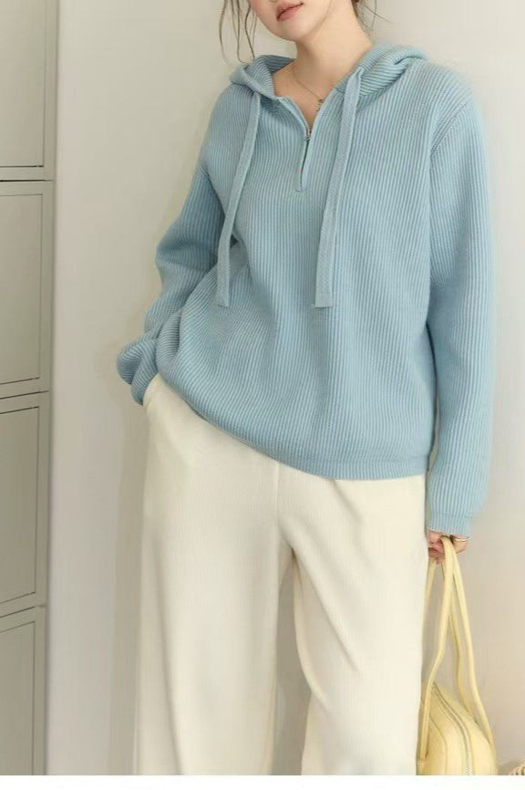 Drawstring Hooded Knit Sweater