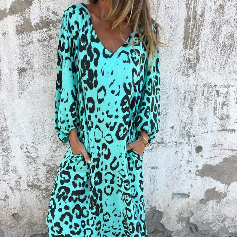 Leopard Print V-Neck Puff Sleeve Pocket Midi Dress 10