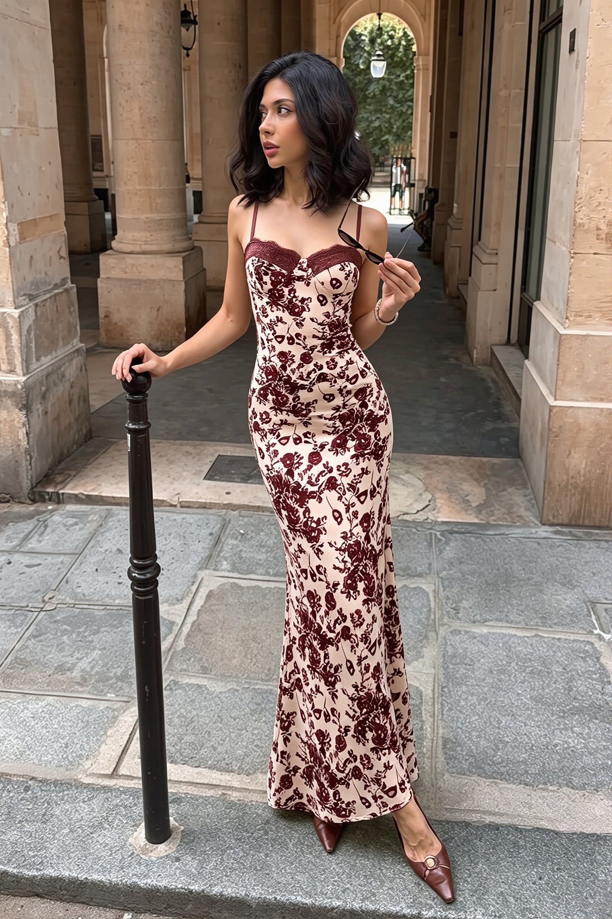 Floral Lace Trim Sweetheart Bodycon Maxi Dress