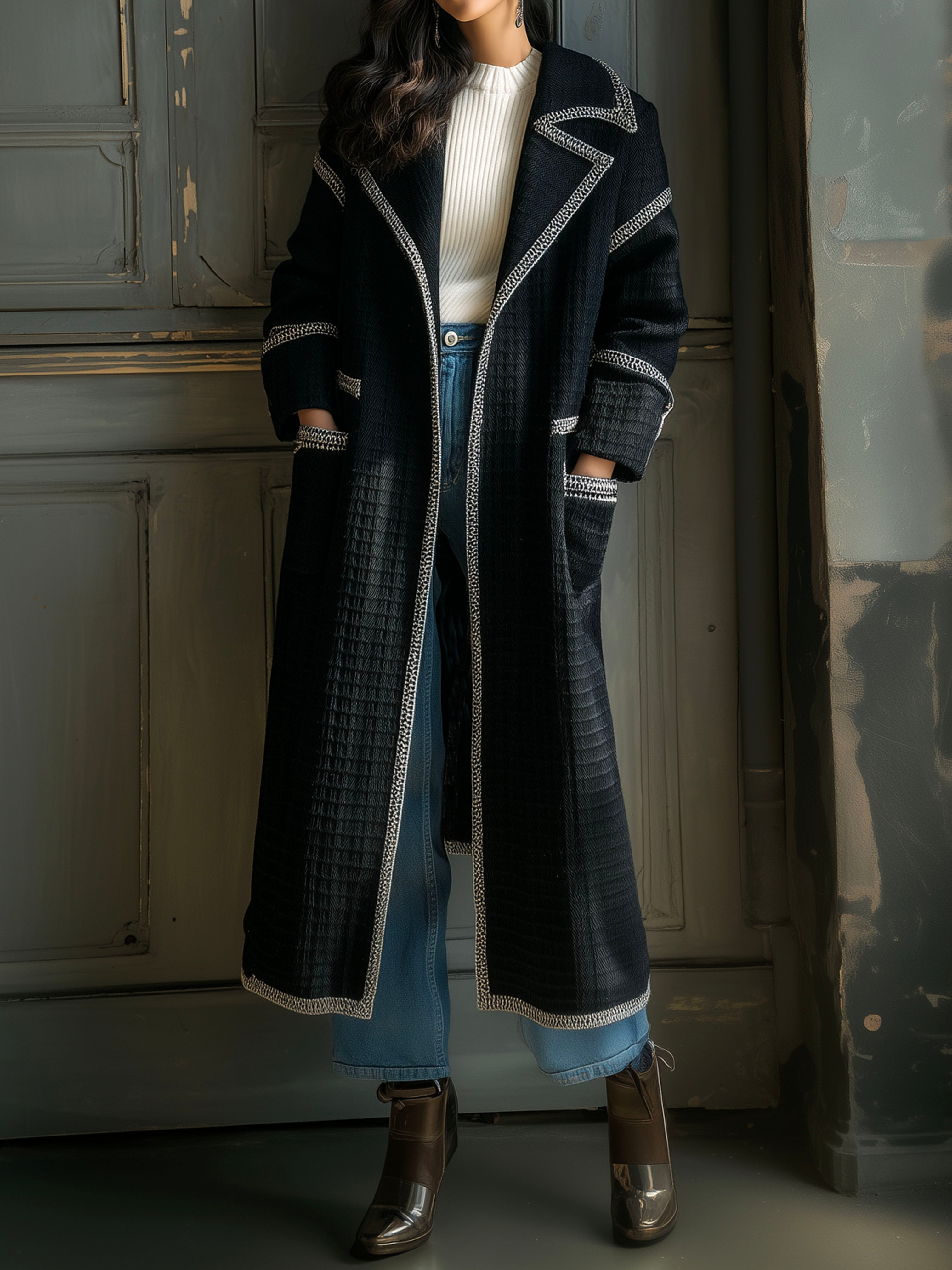 Elegant Textured Quilted Contrast Trim Long Coat With Pockets