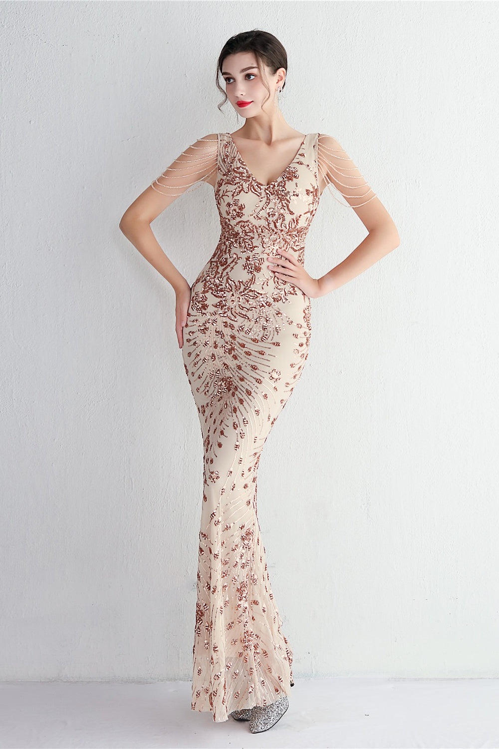 Elegant Long Slim Sequin Formal Event Sequin Dress