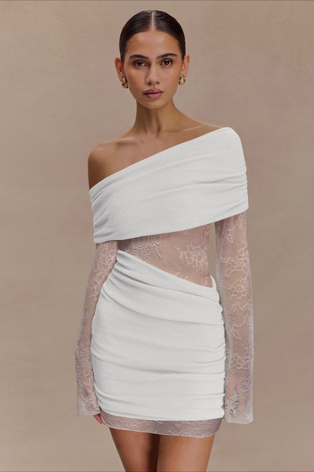 One Shoulder Lace Sleeve Ruched Mini Dress