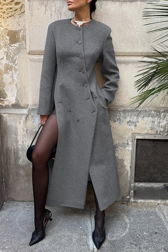 Gray Round Neck Wool Coat - Fashionpara