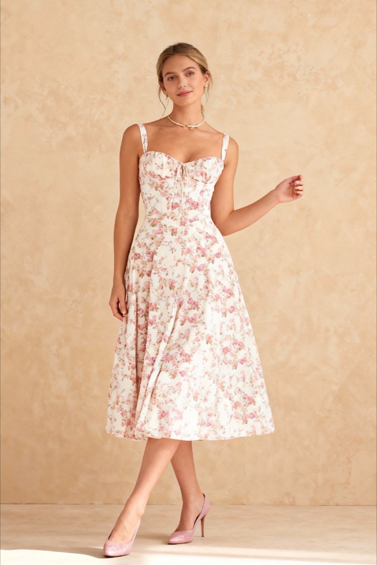 Sweetheart Spaghetti Strap Floral Tie Front A-Line Midi Dress