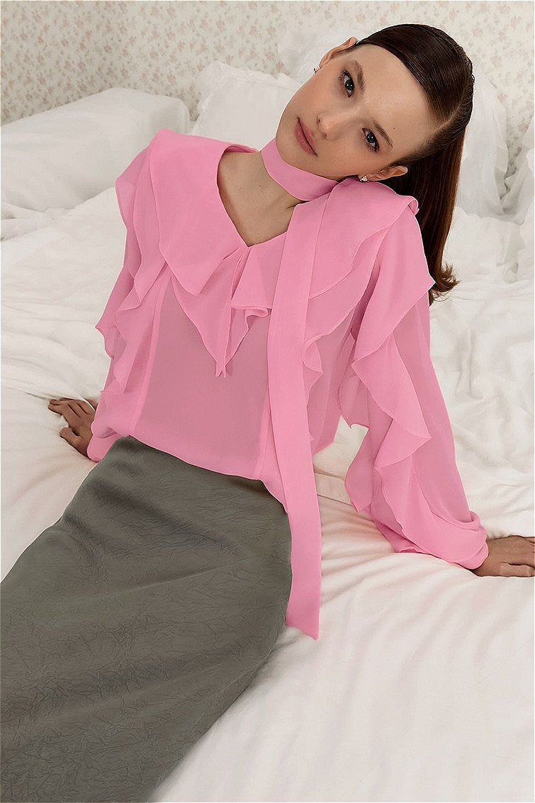 Elegant Solid Chiffon Ruffled Tie Blouse