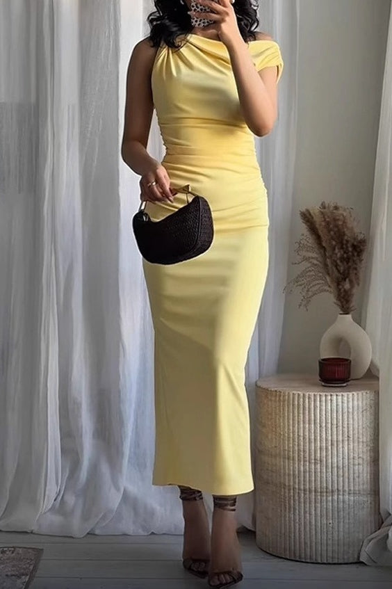 Satin Cowl Neck Ruched Asymmetric Bodycon Maxi Dress
